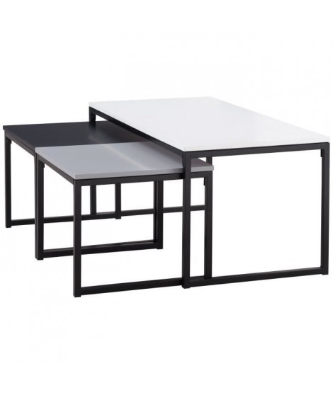 SQUARE 3 tables gigognes style contemporain blanc, noir et gris laqués mat - L 100 x l 50 cm et 2 x L 47 x l 45 cm