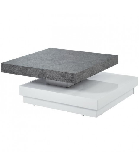 VEGAS Table basse pivotante contemporain effet béton et blanc laqué brillant - L 75 cm