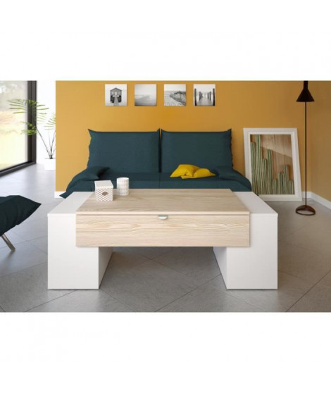 LUCKY Table basse avec 2 caisson - Décor Frene et Blanc - L 123 x P 55 x 42 cm