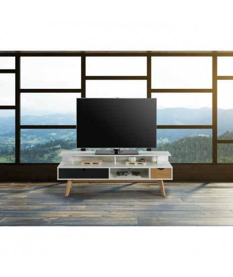 LISS Meuble TV 2 tiroirs - Blanc et gris anthracite ciré - L 139 x P 37 x H 50 cm