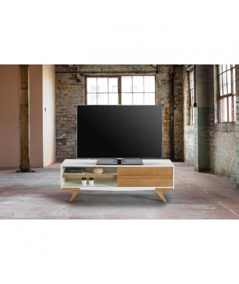 TINA Meuble TV 1 porte - Décor blanc ciré - L 130 x P 39 x H 43 cm