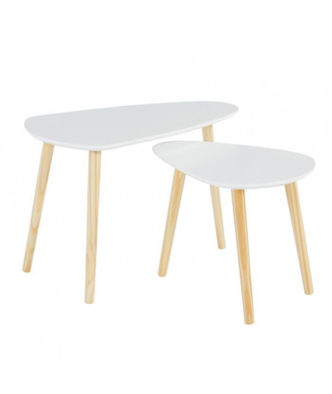 LITCHI Lot de 2 tables gigognes scandinave - MDF blanc laqué + pieds bois pin massif - L 70 x l 40 cm et L 58 x l 38 cm