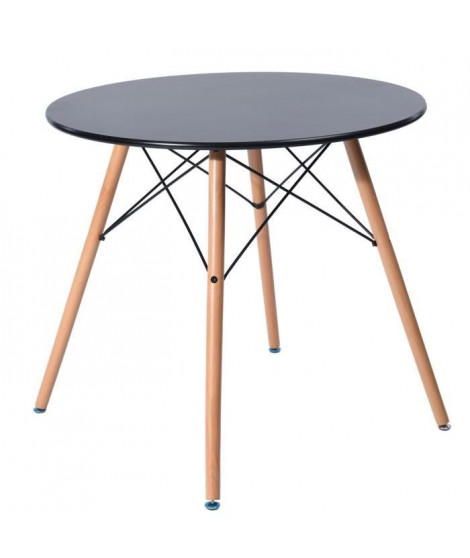 MADDIE Table a manger ronde de 2 a 4 personnes scandinave noir laqué + pieds en bois hetre massif - Ø 80 cm