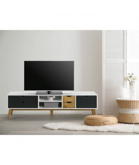 LILA Meuble TV 1 porte 4 tiroirs - Blanc et gris anthracite ciré - L 180 x P 37 x H 50 cm