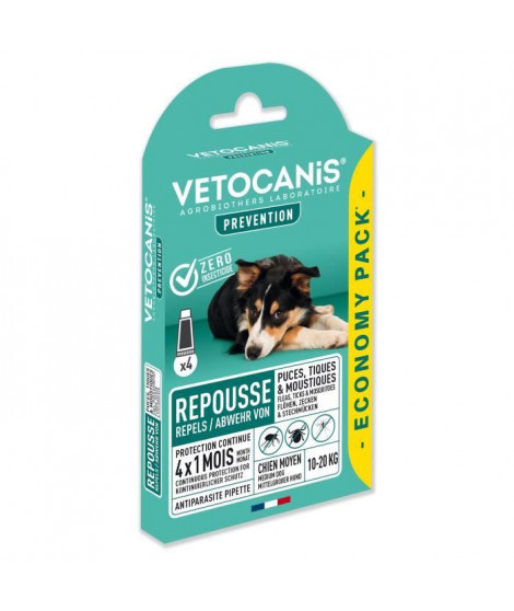 VETOCANIS 4 Pipettes anti-puces et anti-tiques - Pour chien 10-20 kg - 4x 1 mois de protection