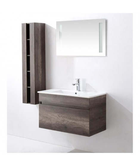ALBAN Ensemble salle de bain simple vasque avec miroir L 80 cm - Décor bois vintage