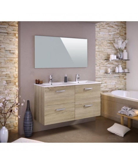 STELLA Ensemble salle de bain double vasque avec miroir L 120 cm - Décor chene