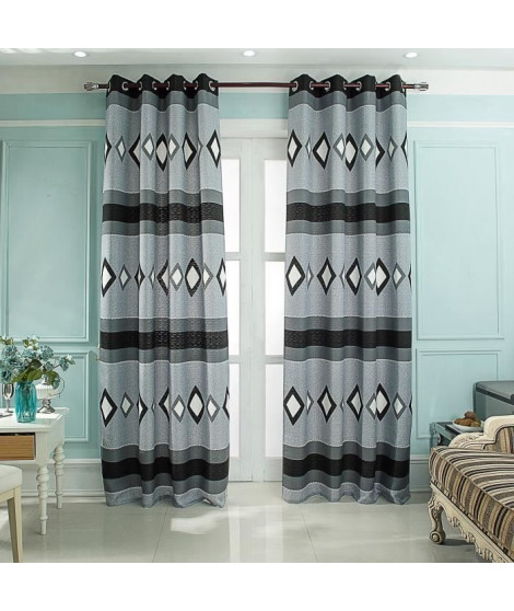 HOME TREND Paire de rideaux 140 x 260 cm Jacquard Losange - 100% polyester - Gris et noir