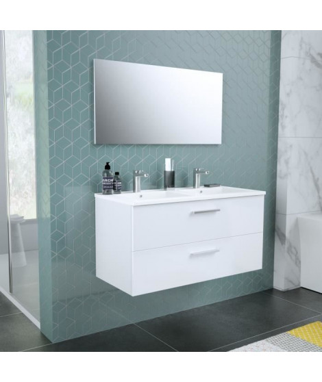 START Meuble salle de bain double vasque + miroir L 100 cm - 2 tiroirs a fermeture ralenties - Blanc
