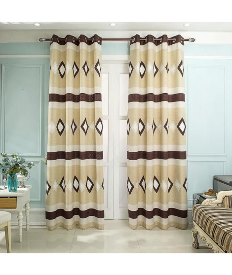 HOME TREND Paire de rideaux 140 x 260 cm Jacquard Losange - 100% polyester - Beige et marron
