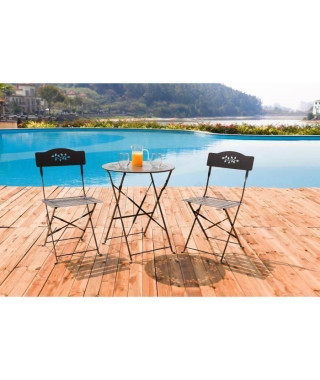 Set bistrot 2 personnes - Table ronde motif 60 cm + 2 chaises - Acier  thermolaqué - Taupe - HIENO