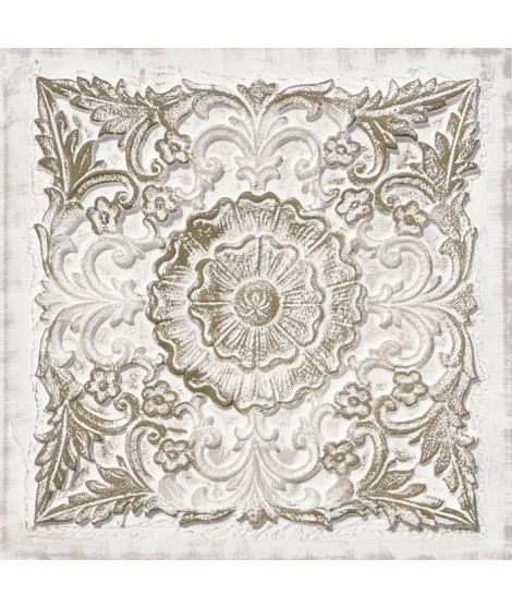 Toile peinte relief carreaux de ciment - Vintage - Coton - 80x80 cm - Rose, doré et blanc