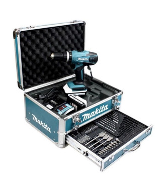 MAKITA Perceuse-visseuse a percussion HP457DWEX4 avec 2 batteries 18V 1,3Ah Li-ion, mallette en aluminium et 74 accessoires