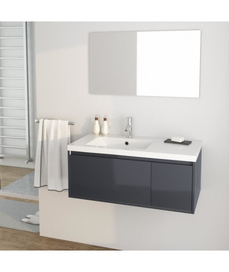 GIRONA Ensemble meubles de salle de bain simple vasque + miroir L 90 cm - Gris laqué brillant