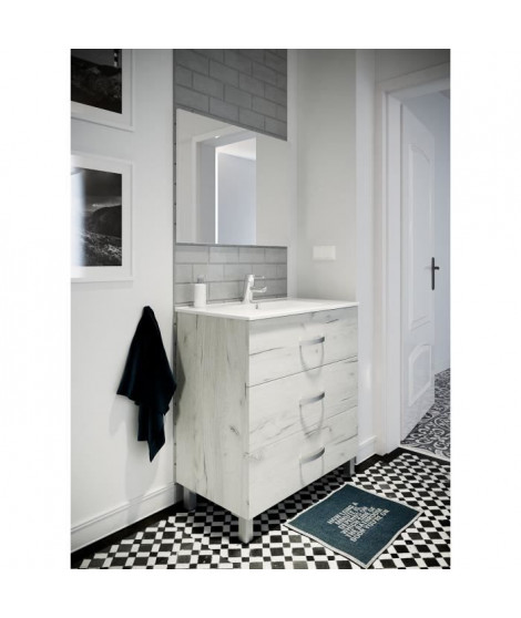 STELLA Ensemble salle de bain simple vasque avec miroir L 80 cm - Blanc effet bois