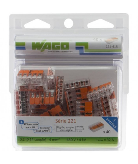 WAGO Pack de 40 Bornes de connexion universelle tous conducteurs - Type 221/ 5 entrées