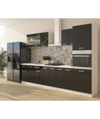 ULTRA Cuisine complete avec colonne four et plan de travail inclus L 300 cm - Noir brillant