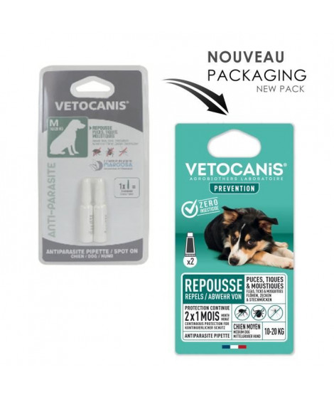 VETOCANIS 2 Pipettes anti-puces et anti-tiques - Pour chien 10-20 kg - 2x 1 mois de protection