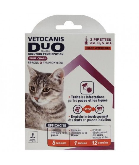 VETOCANIS Pipettes Anti-puces et anti-tiques Duo - 2 pipettes pour 5 semaines de protection - Pour chat