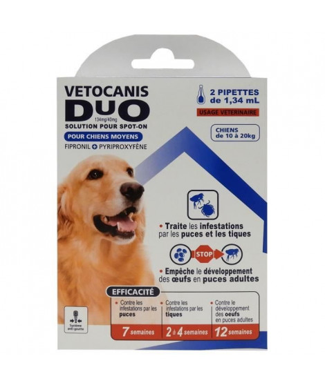 VETOCANIS Anti-puces et anti-tiques Duo Spot on - 2 pipettes - Efficacité 7 semaines - Pour moyen chien