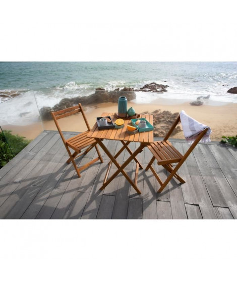 Ensemble repas de jardin ou de balcon 2 places - 1 table et 2 chaises pliables - Bois acacia