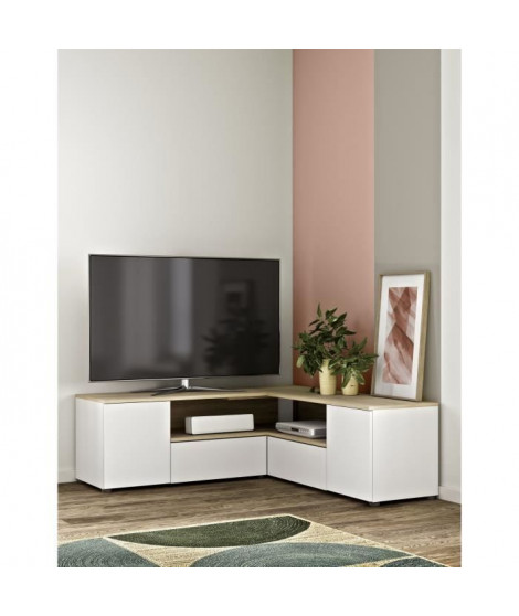 SYMBIOSYS Meuble TV ANGLE - Contemporain - Décor chene naturel et blanc - L 129,8 cm