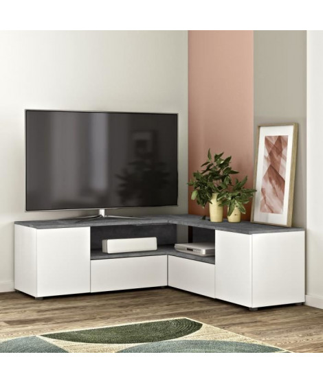 Meuble TV d'angle 4 portes - Effet béton et blanc - L 130 x P 130 x H 46 cm