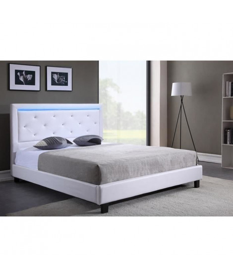FILIP Lit adulte contemporain simili blanc - Sommier et tete de lit avec LED inclus - l 140 x L 190 cm