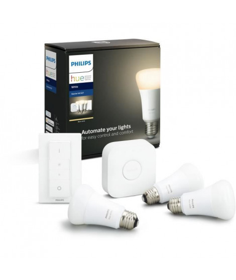 PHILIPS HUE Kit de démarrage White 3 ampoules avec pont de connexion et télécommande variateur - 10 W - E27