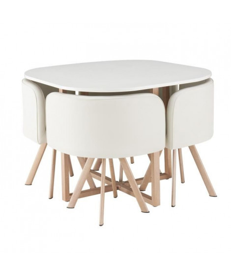 LUND Ensemble table a manger 4 personnes style industriel décor chene + 4 chaises simili blanc - L 100 x l 100 cm