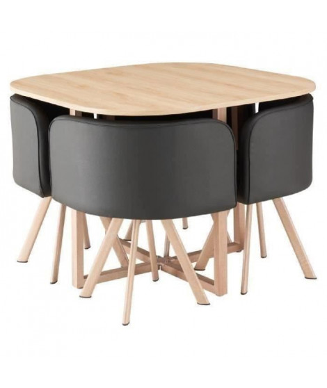 LUND Ensemble table a manger 4 personnes style industriel décor chene + 4 chaises simili noir - L 100 x l 100 cm
