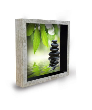 Tableau déco cadre vitrine 20x20 - Galets zen vert