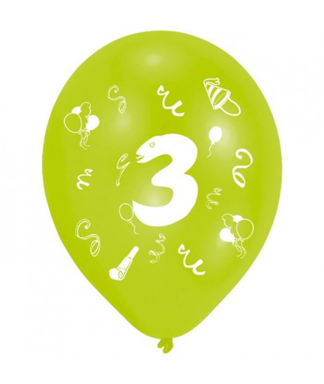 Lot de 8 Ballons - Latex - Chiffre 3 - Imprimé 2 faces