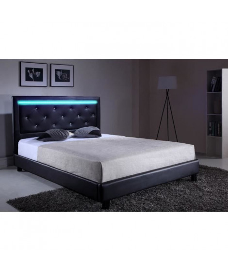 FILIP Lit adulte contemporain simili noir - Sommier et tete de lit avec LED inclus - l 140 x L 190 cm