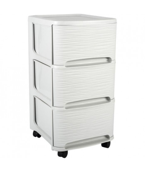 EDA PLASTIQUE Tour de rangement - 3 Tiroirs 14 L décor Stone avec roulettes - Blanc cérusé - 32 x 37 x 61 cm