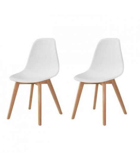 SACHA Lot de 2 chaises de salle a manger blanc - Pieds en bois hévéa massif - Scandinave - L 48 x P 55 cm