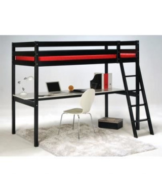 ASHTON Lit mezzanine enfant contemporain en bois épicéa massif verni noir + sommier - l 90 x L 190 cm