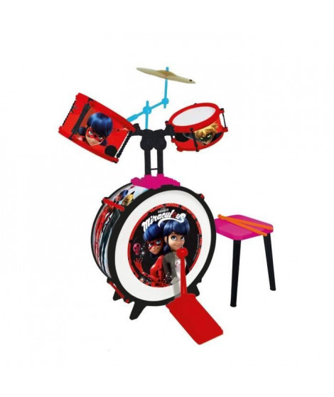 MIRACULOUS/LADYBUG Batterie et tabouret (Grosse caisse, deux tambours, bongo, cymbale, baguettes professionnelles)