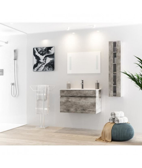 ALBAN Ensemble salle de bain simple vasque avec miroir L 80 cm - Décor bois gris