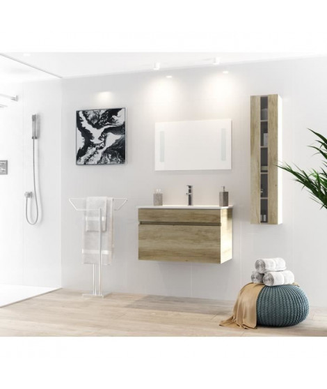 ALBAN Ensemble salle de bain simple vasque avec miroir L 80 cm - Décor bois effet chene vieilli