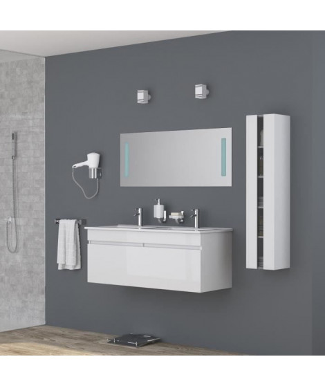 ALBAN Ensemble salle de bain double vasque avec miroir L 120 cm - Blanc laqué brillant
