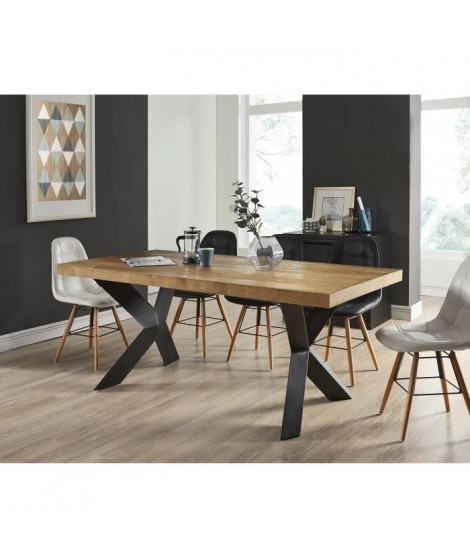 PLATON Table a manger de 6 a 8 personnes style industriel placage bois chene + pieds métal laqué noir - L 180 x l 90 cm