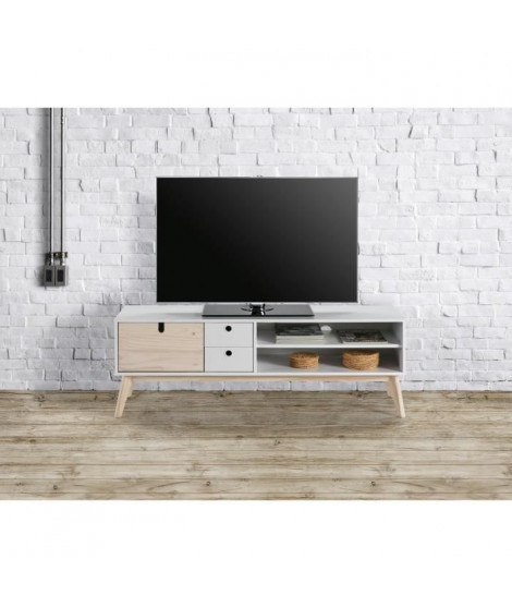 AYORA Meuble TV 1 porte 2 tiroirs - Décor naturel et blanc - L 140 x P 37 x H 48,8 cm