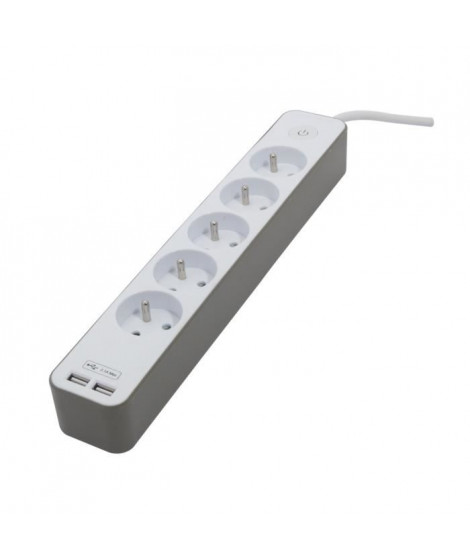 CHACON Bloc multiprise 5 prises 16 A avec 2 ports USB et câble 1,5 m HO5VV-F 3x1,5 mm² blanc et brun