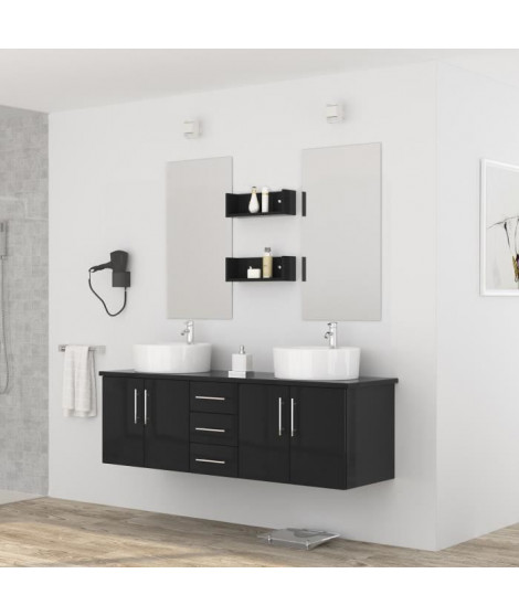 DIVA Ensemble salle de bain double vasque avec miroir L 150 cm - Noir laqué brillant