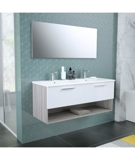 BENTO Salle de bain double vasque + miroir L 120 cm - 2 tiroirs a fermeture ralenties - Blanc