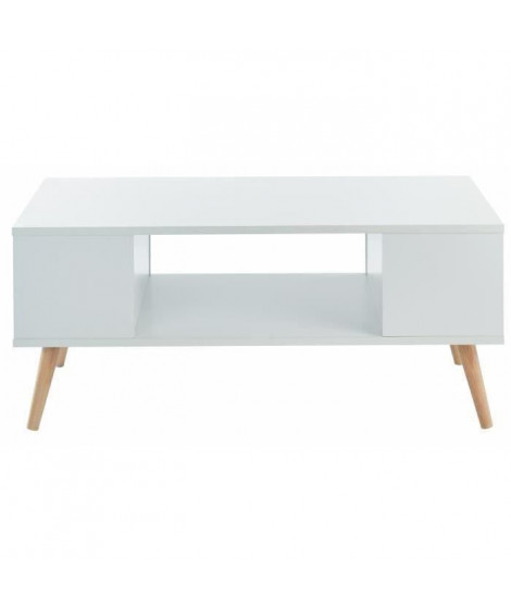 BABETTE Table basse scandinave décor blanc + pieds en bois eucalyptus - L 90 x l 45 cm