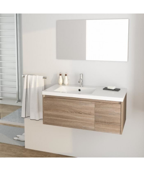 GIRONA Ensemble meubles de salle de bain simple vasque + miroir L 90 cm - Décor sonoma