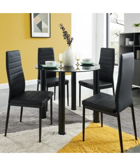 BERENICE Ensemble table a manger ronde en verre 4 personnes 90 cm + 4 chaises en simili - Noir