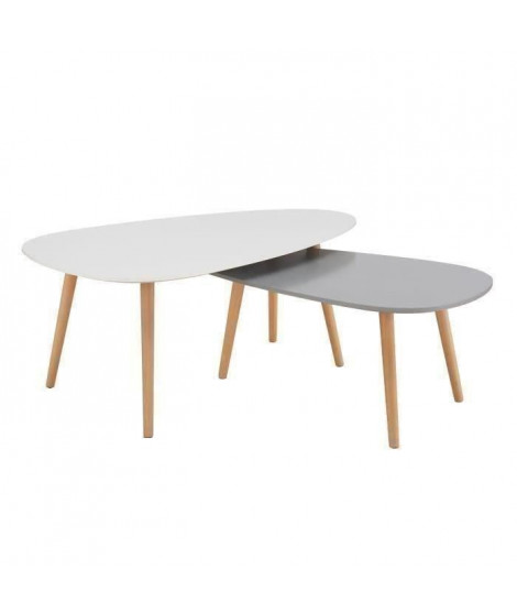 KIVI Lot de 2 tables basses gigognes scandinave blanc laqué et gris mat - L 98 x l 61 et  H39